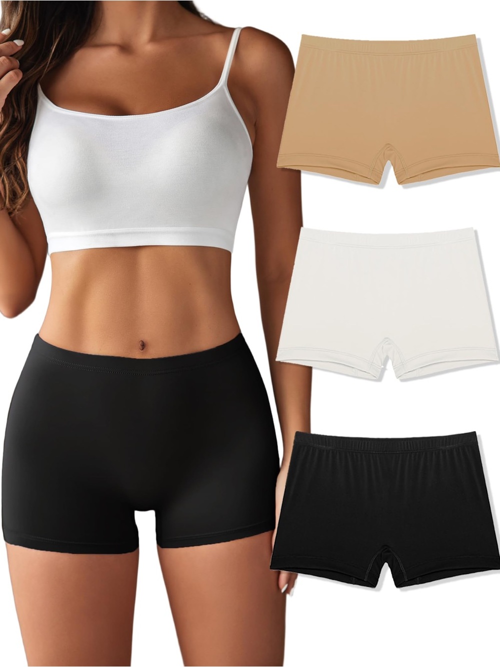 3-Pack Boyshorts Panty Woman Low-Rise No Show Underwear, Black/White/Nude, Med